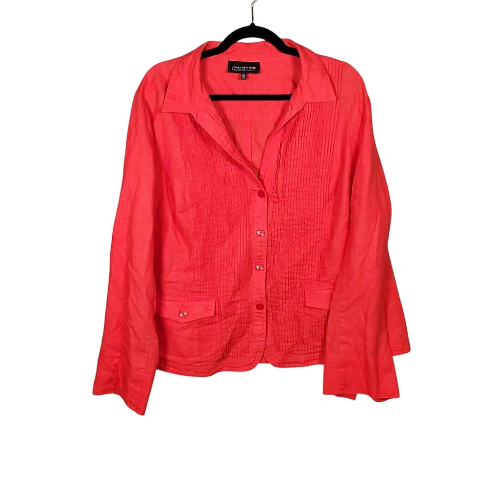 Jones New York Collection Woman Linen Blazer 18W Tomato Red  Orange Pintuck